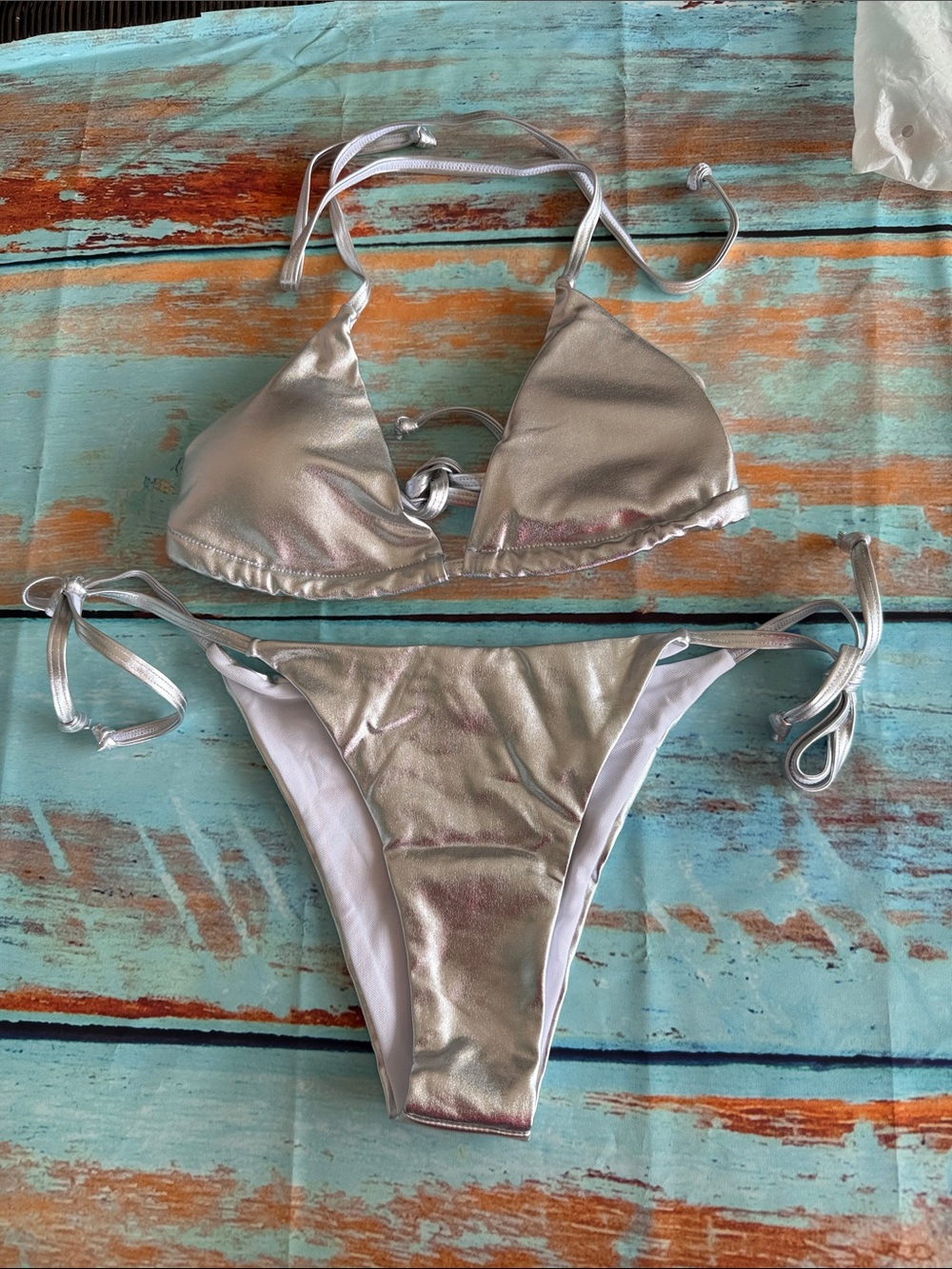 SHEIN Silver Metallic Triangle Tie-Side Bikini